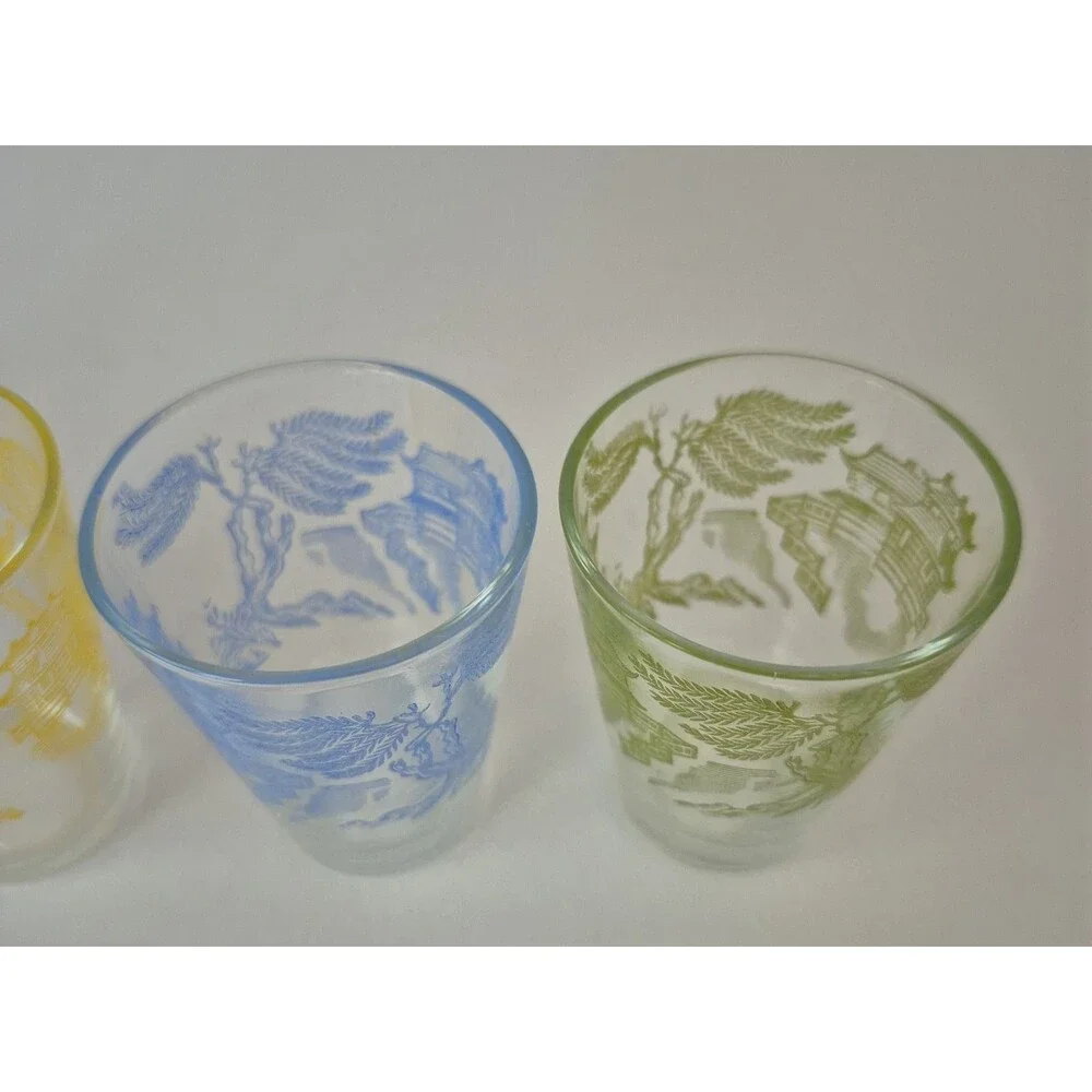 Federal Glass VTG Set of 5 Asian Pagoda Blue Willow Landscape MCM Shot Glasses